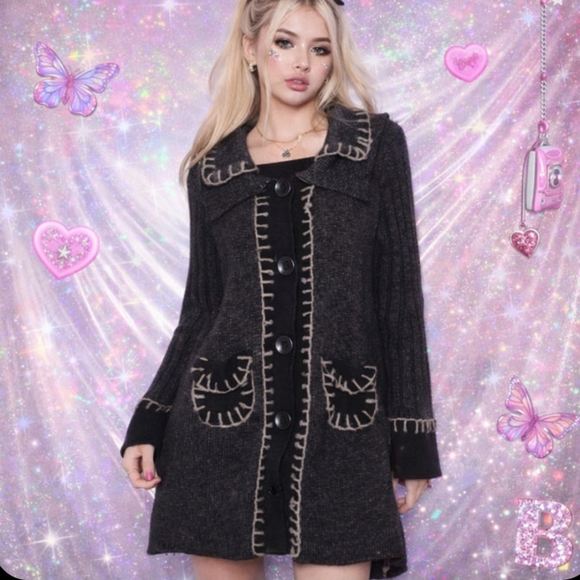 Cupio Sweaters - Rare Cupio duster cardigan wool blend Y2K large buttons ruffles mixed media M